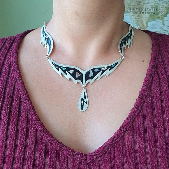 Vintage Mexican Alpaca Silver Abalone Shell Ornate Bib Necklace - Picture 2 of 16